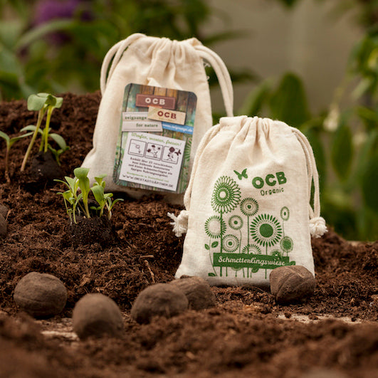 Zwei Stoffbeutel mit der Aufschrift "OCB Organic" und jungem Pflanzenwachstum auf einer Erdschicht, Gartenkulisse im Hintergrund.