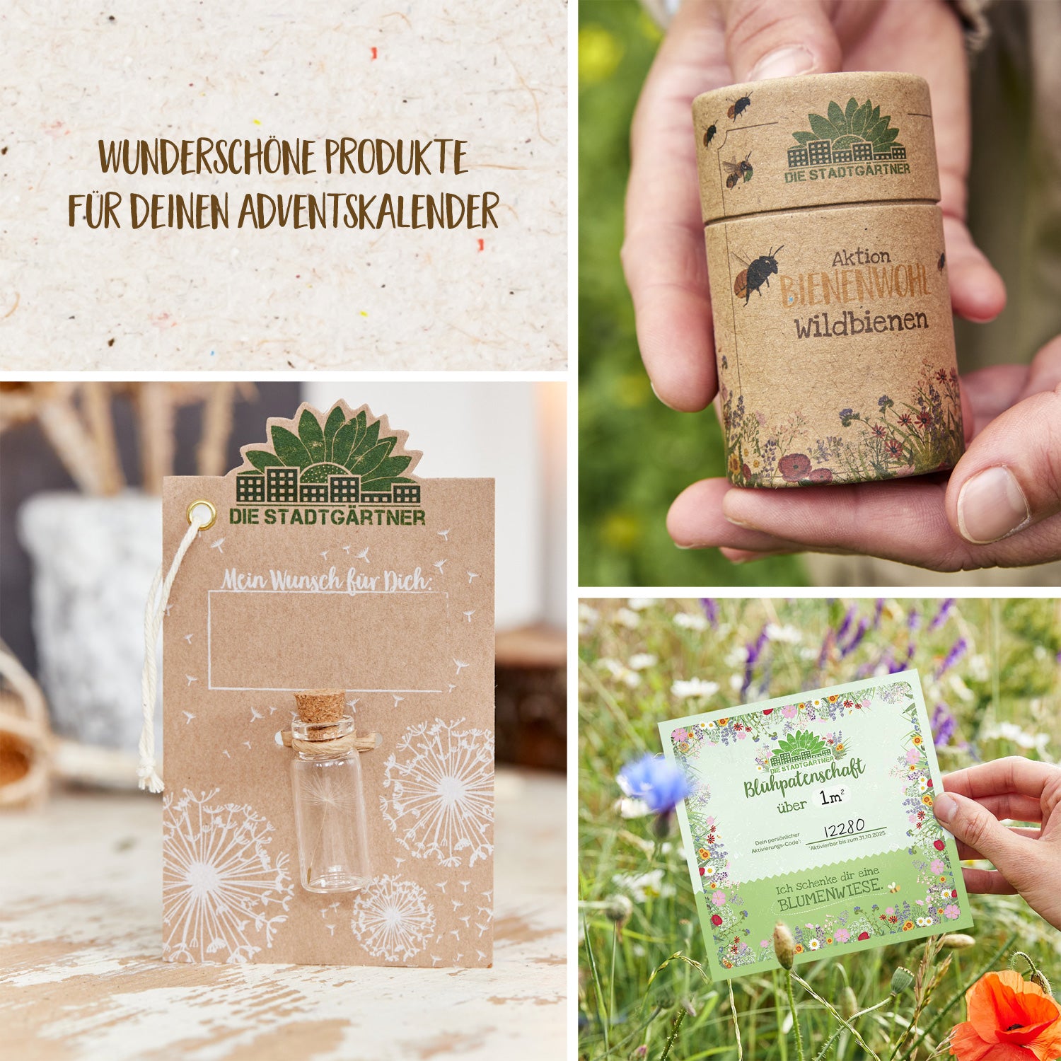 "Collage von umweltfreundlichen Produkten, darunter eine Karte, Saatguttütchen und ein Glücksbringer, mit Texten auf Deutsch über Nachhaltigkeit und Natur."