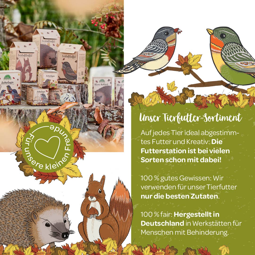 Werbebild für Tierfutterprodukte mit illustrierten Tieren und Text, umgeben von Herbstlaub.