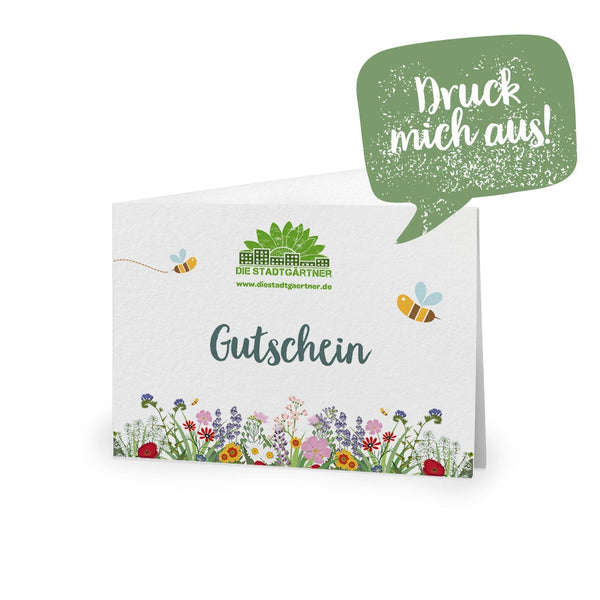Gutschein-Karte mit Blumenmotiv und der Aufschrift "Druck mich aus!", Logo der Stadtgärtner und Webseite.